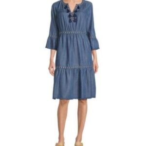 John Mark Embroidered Split V-Neck 3/4 Flounce Sleeve Tiered Dress Size S